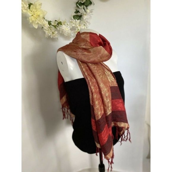 Vintage Shiny Scarf Shawl with Fringe Woman's Red Gold Rectangular Scarf 60"X24" - Picture 3 of 10